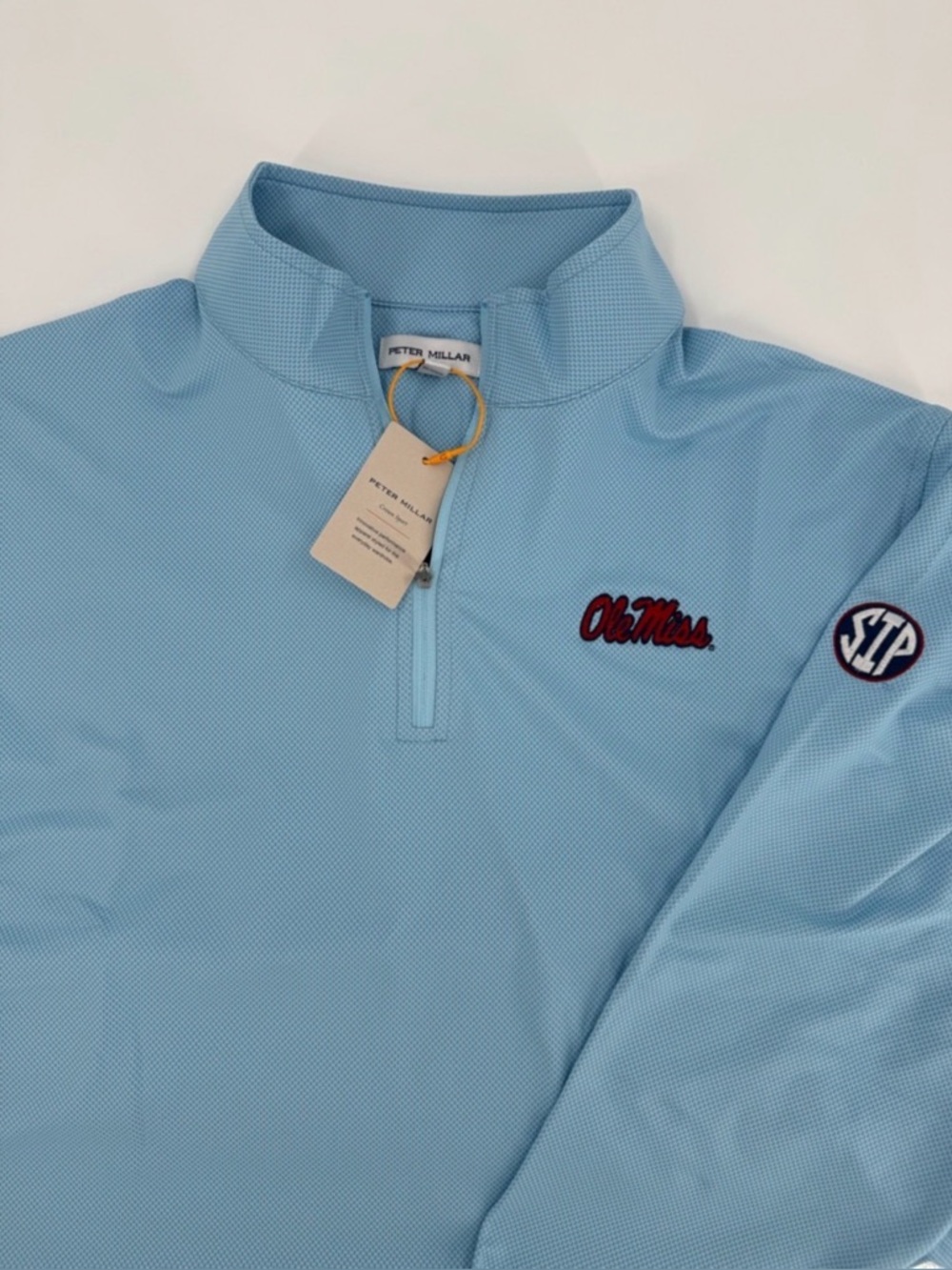 SIP EMBROIDERED SLEEVE! Peter Millar Ole Miss Powder Birdseye 1/4-Zip!  L - NWT